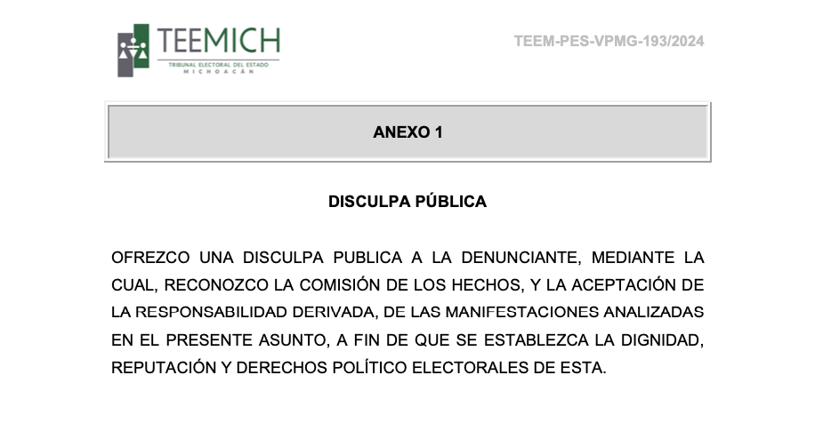 Disculpa pública que se ofrece por parte de Luis Merlos González, en cumplimiento a lo ordenado en la resolución dictada dentro del procedimiento especial sancionador TEEM-PES-VPMG-193/2024: