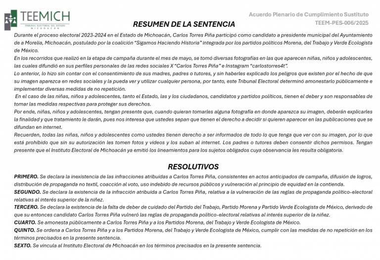 Resumen de la sentencia del TEEM-PES-006/2025, que se publica en cumplimiento a lo ordenado en el acuerdo plenario de cumplimiento sustituto de 16 de octubre de 2025.