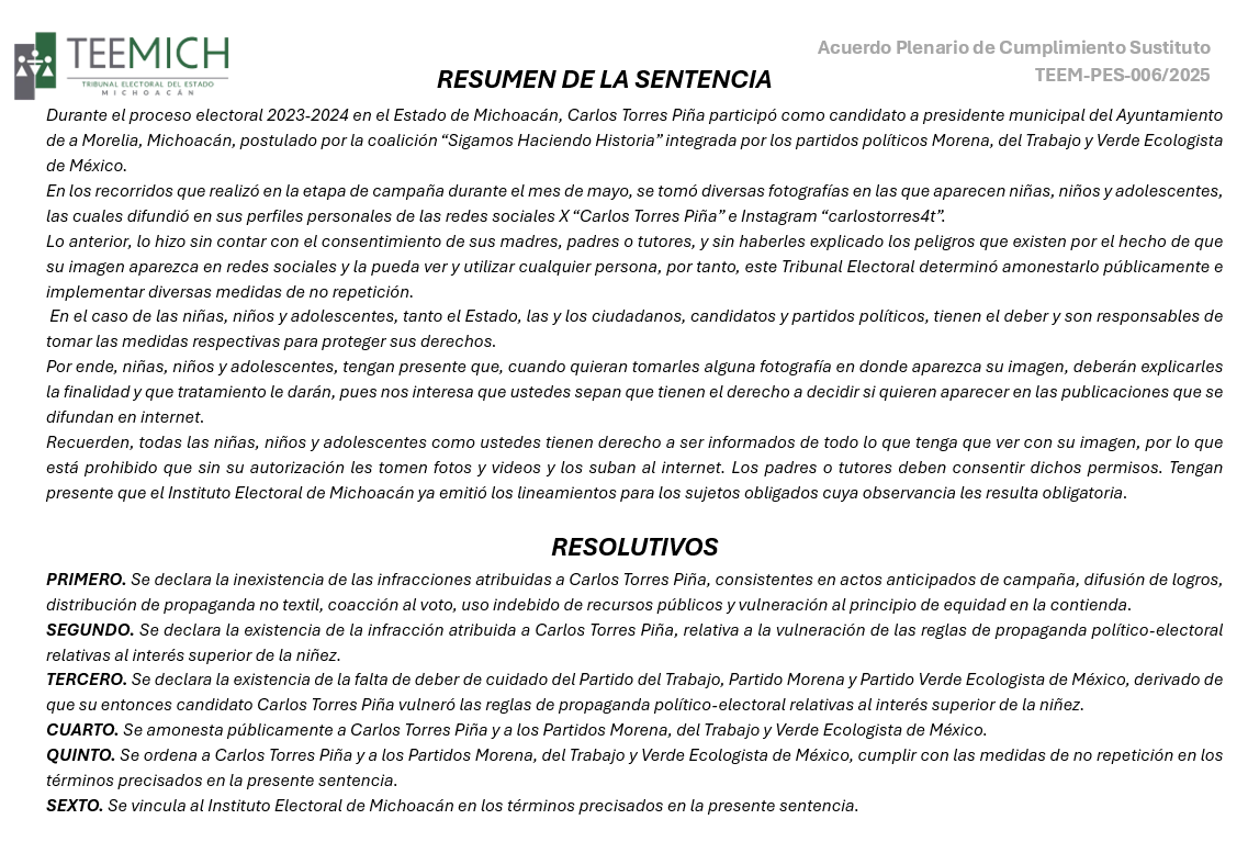 Resumen de la sentencia del TEEM-PES-006/2025, que se publica en cumplimiento a lo ordenado en el acuerdo plenario de cumplimiento sustituto de 16 de octubre de 2025.