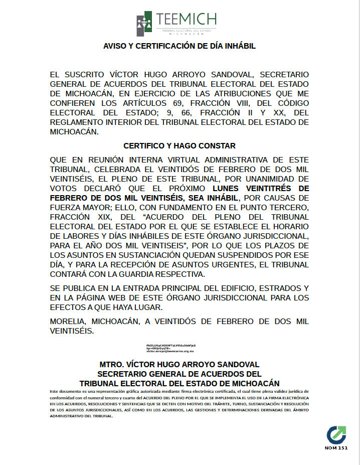 AVISO Y CERTIFICACIÓN DE DÍA INHÁBIL