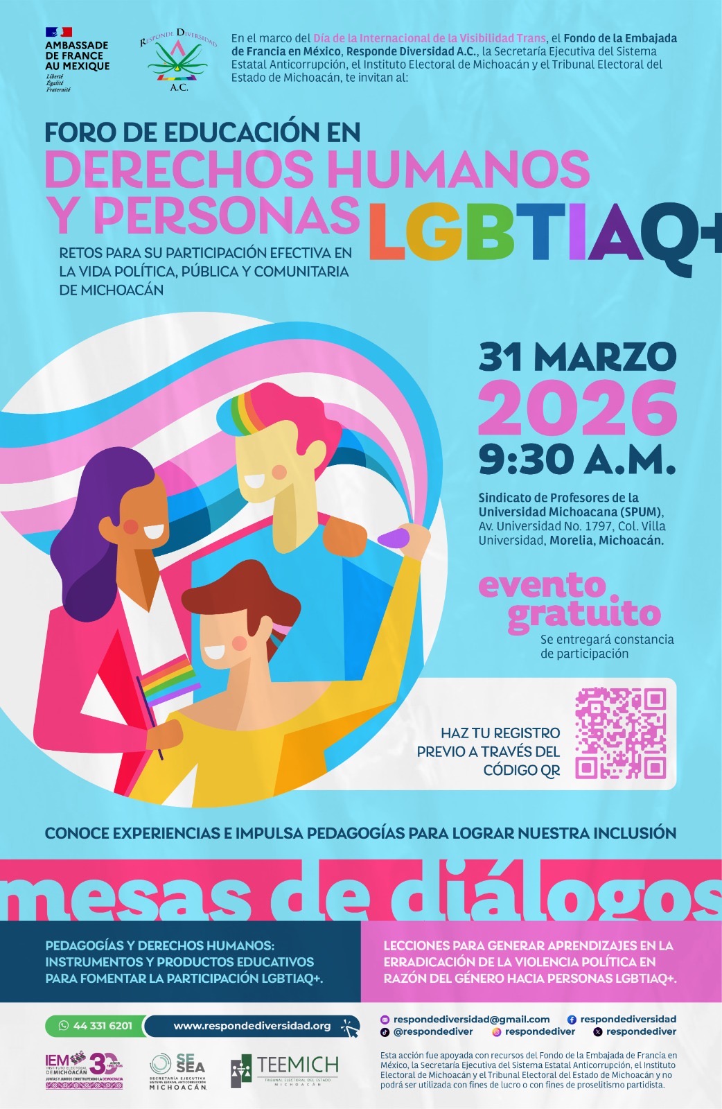 En el marco del Día Internacional de la Visibilidad Transgénero se hace la cordial invitación a un Foro de Educación en a derechos Humanos y Personas LGBTIAQ+.